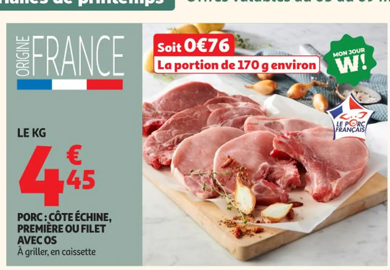 PORC : CÔTE ÉCHINE, PREMIÈRE OU FILET AVEC OS À griller, en caissette
