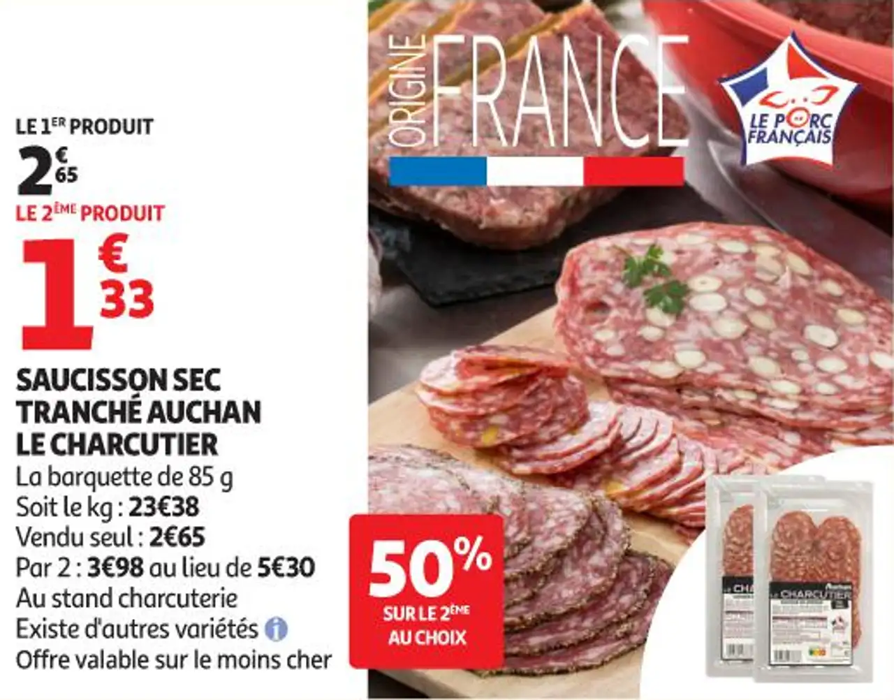 SAUCISSON SEC TRANCHÉ AUCHAN LE CHARCUTIER