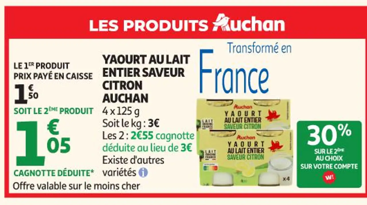 YAOURT AU LAIT ENTIER SAVEUR CITRON AUCHAN
