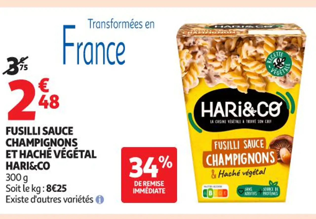 FUSILLI SAUCE CHAMPIGNONS ET HACHÉ VÉGÉTAL HARI&CO