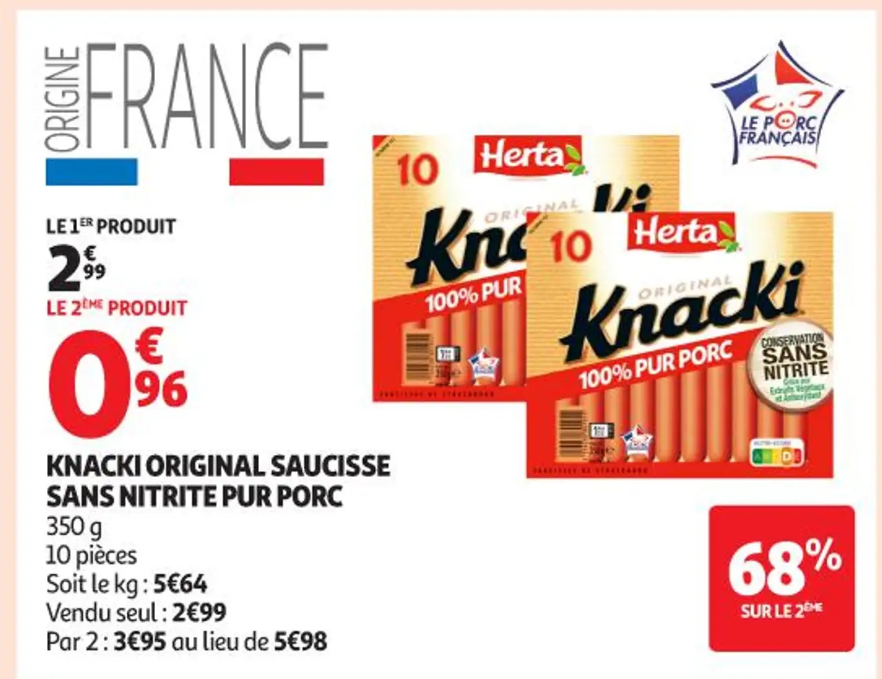 KNACKI ORIGINAL SAUCISSE SANS NITRITE PUR PORC