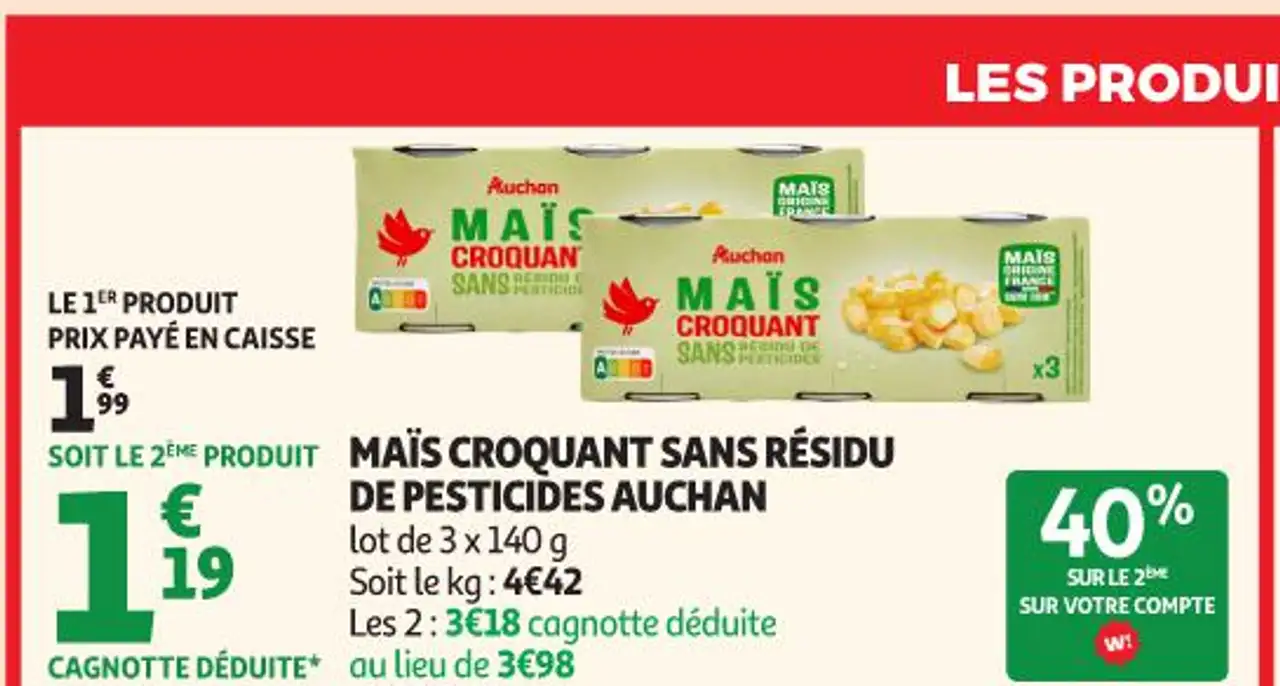 MAÏS CROQUANT SANS RÉSIDU DE PESTICIDES AUCHAN
