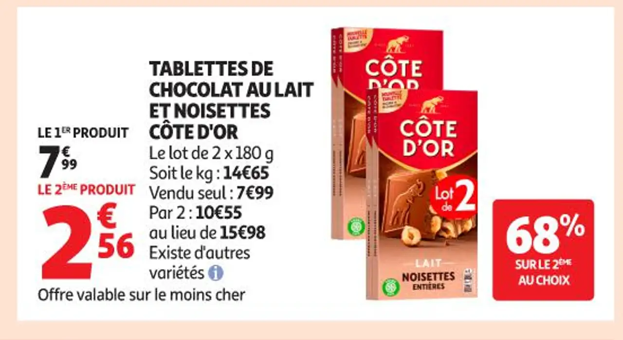 TABLETTES DE CHOCOLAT AU LAIT ET NOISETTES CÔTE D'OR