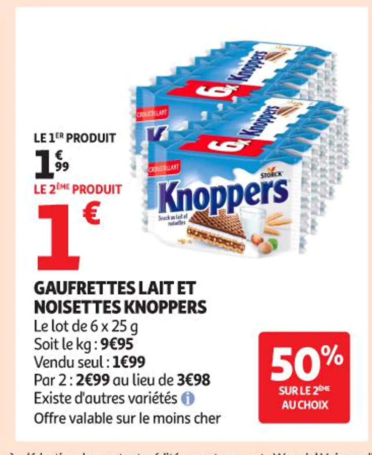 GAUFRETTES LAIT ET NOISETTES KNOPPERS Le lot de 6 x 25 g