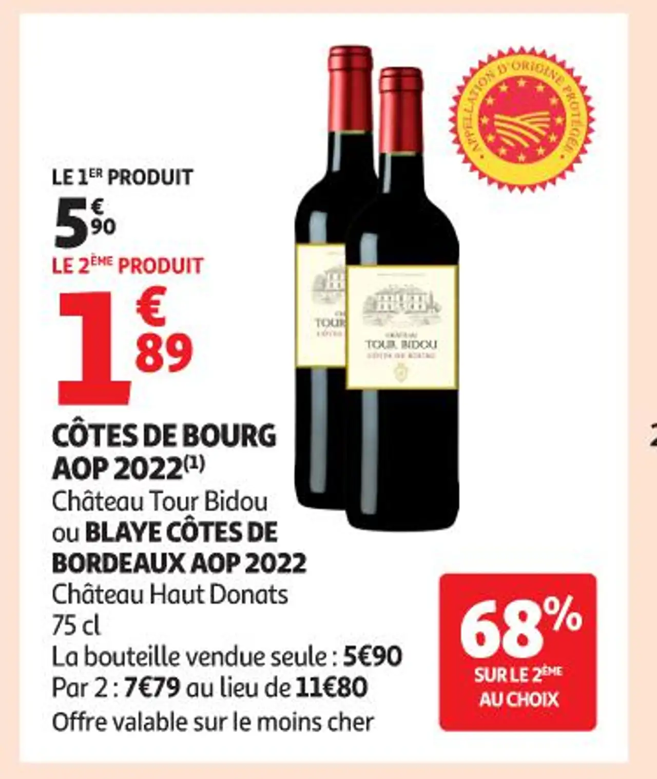 CÔTES DE BOURG AOP 2022(1) Château Tour Bidou ou BLAYE CÔTES DE BORDEAUX AOP 2022 Château Haut Donats 75 cl