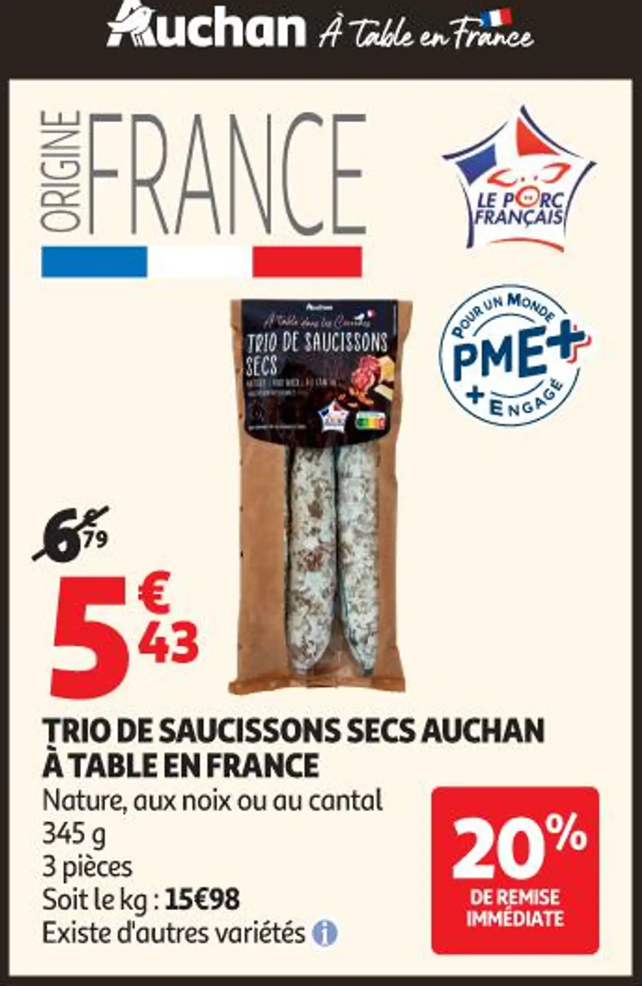 Trio de saucissons secs Auchan à table en France
