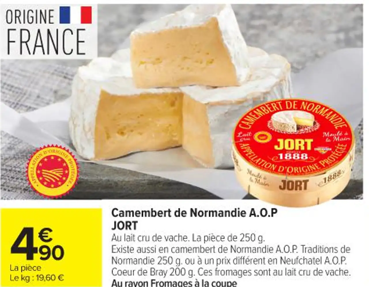 Camembert de Normandie A.O.P JORT Au lait cru de vache. La pièce de 250 g.