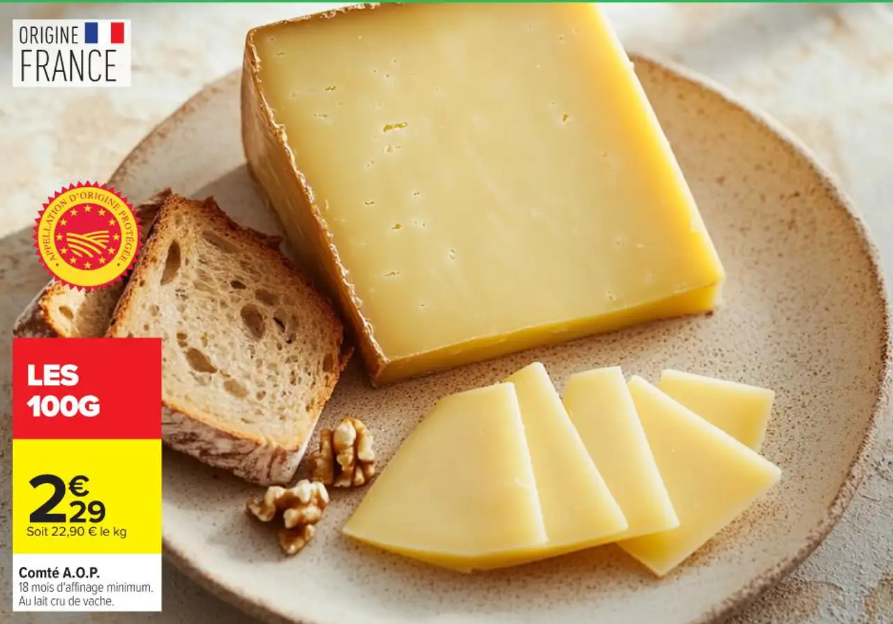 Comté A.O.P. 18 mois d'affinage minimum. Au lait cru de vache.