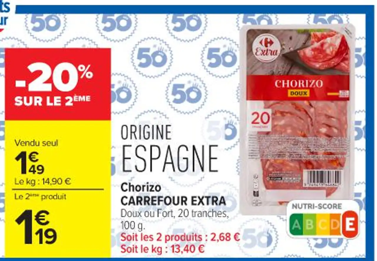 Chorizo CARREFOUR EXTRA Doux ou Fort