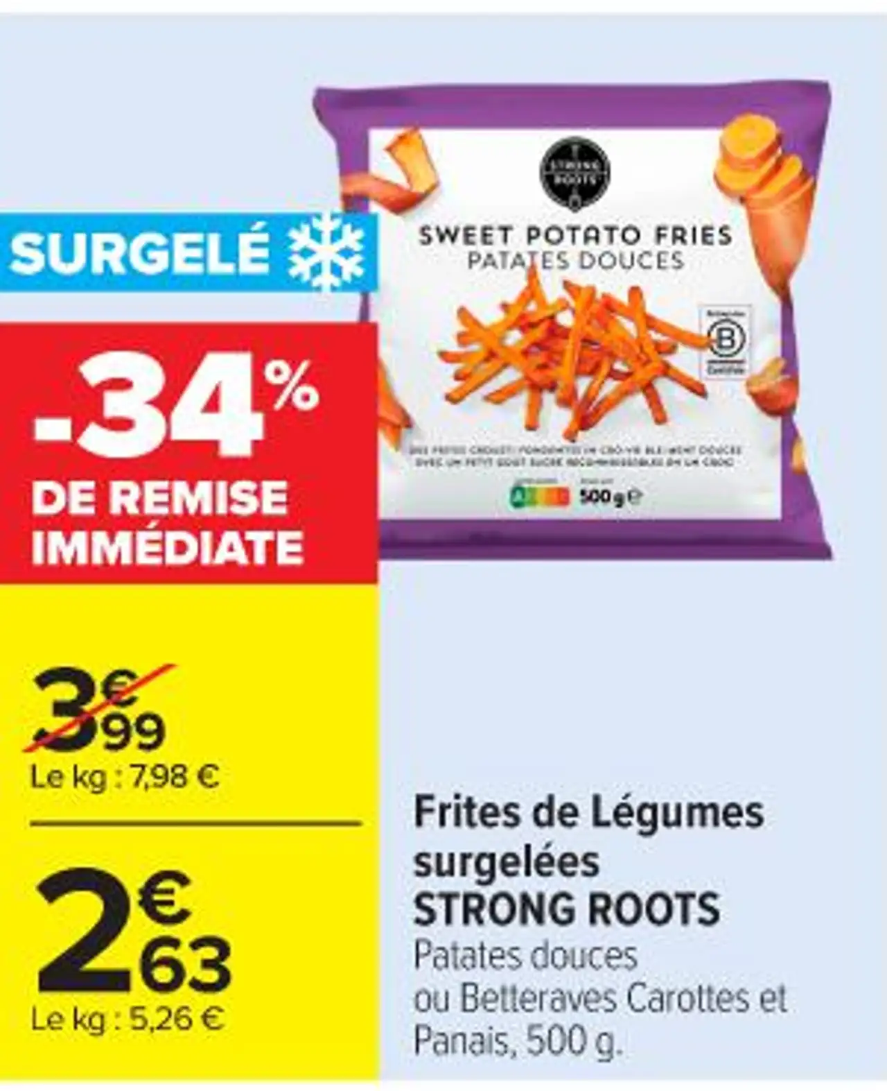 Frites de Légumes surgelées STRONG ROOTS Patates douces ou Betteraves Carottes et Panais, 500 g.