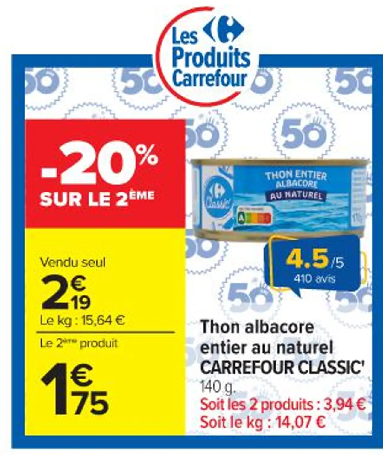Thon albacore entier au naturel CARREFOUR CLASSIC' 140 g.