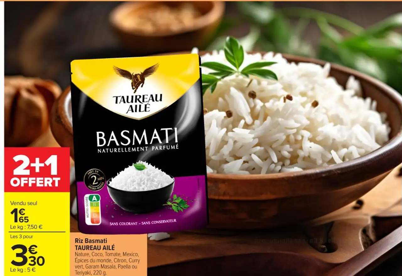 Riz Basmati TAUREAU AILÉ Nature, Coco, Tomate, Mexico, Épices du monde, Citron, Curry vert, Garam Masala, Paella ou Teriyaki, 220 g.