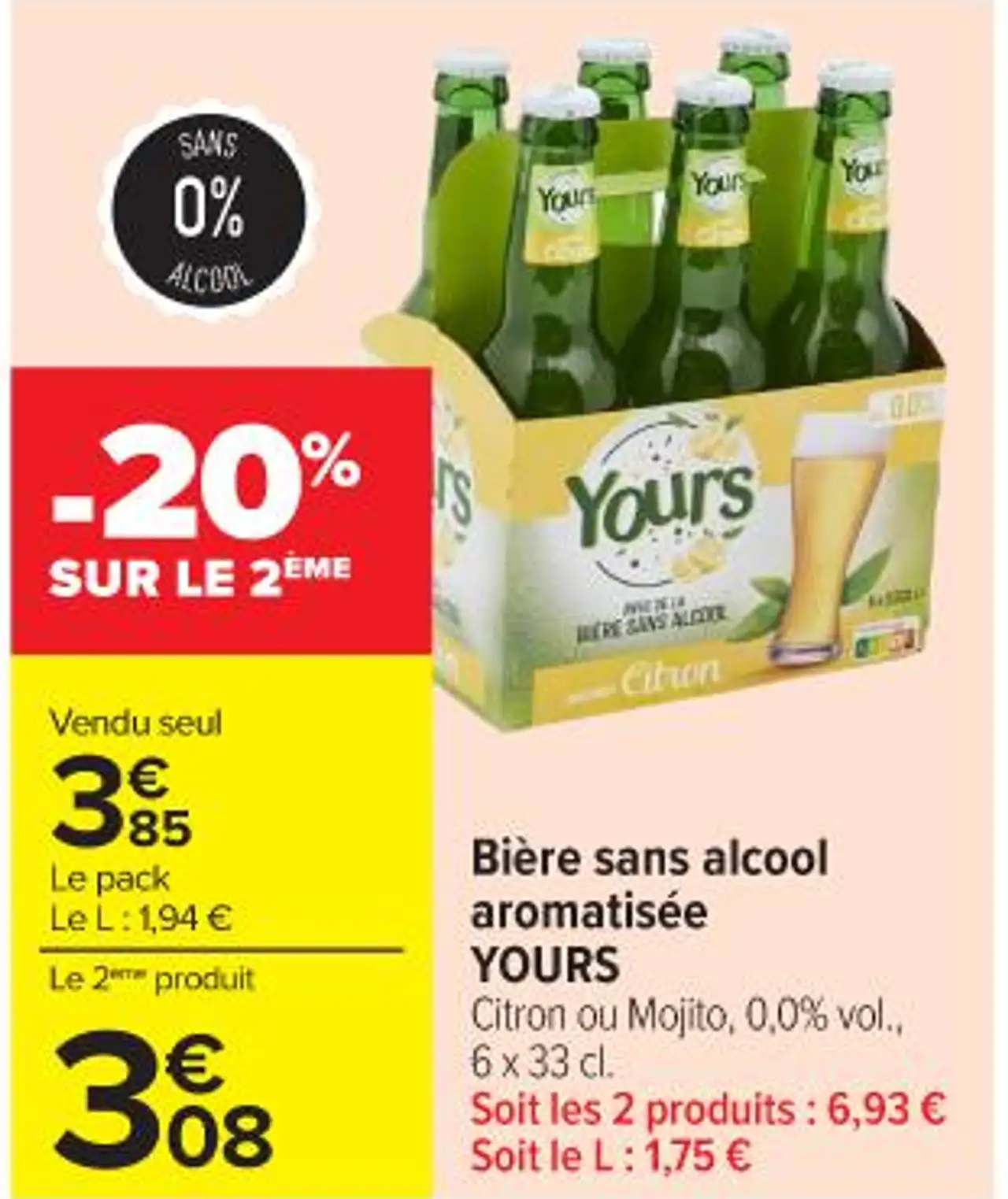 Bière sans alcool aromatisée YOURS Citron ou Mojito, 0,0% vol., 6 x 33 cl.