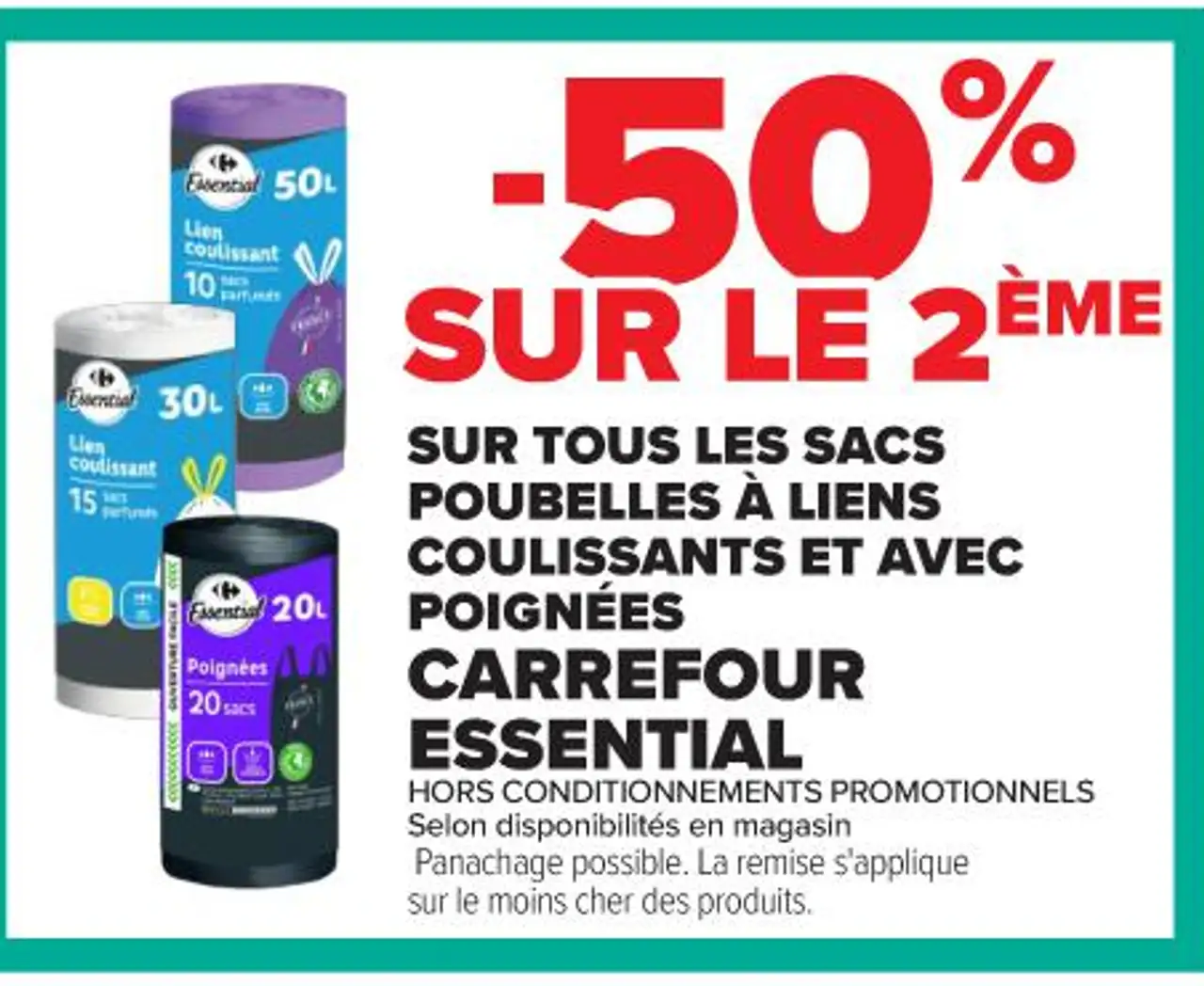 SACS POUBELLES À LIENS COULISSANTS ET AVEC POIGNÉES CARREFOUR ESSENTIAL
