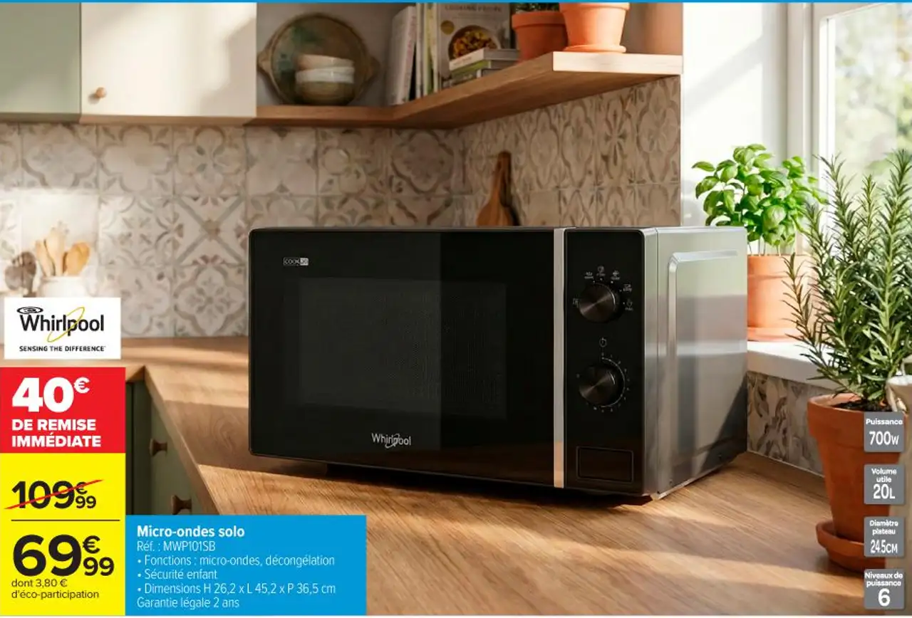 Micro-ondes solo Whirlpool Réf. : MWP101SB