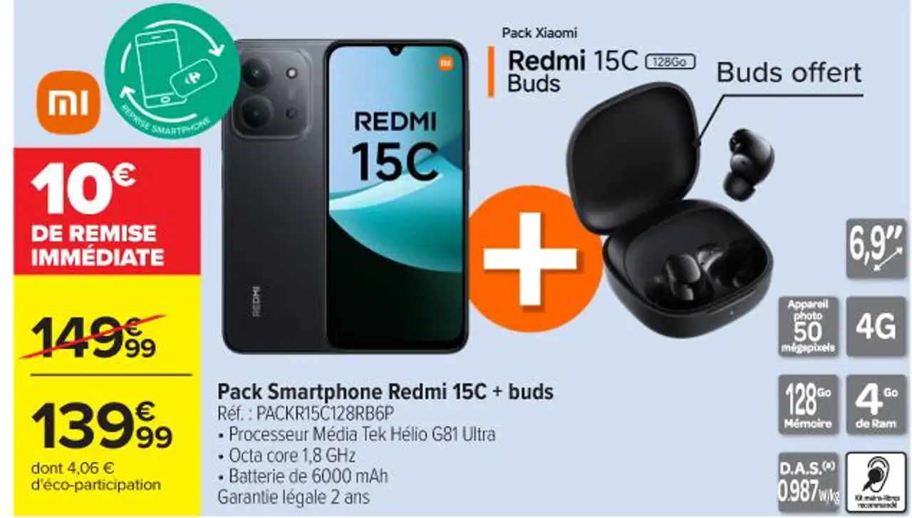 Pack Smartphone Redmi 15c + buds