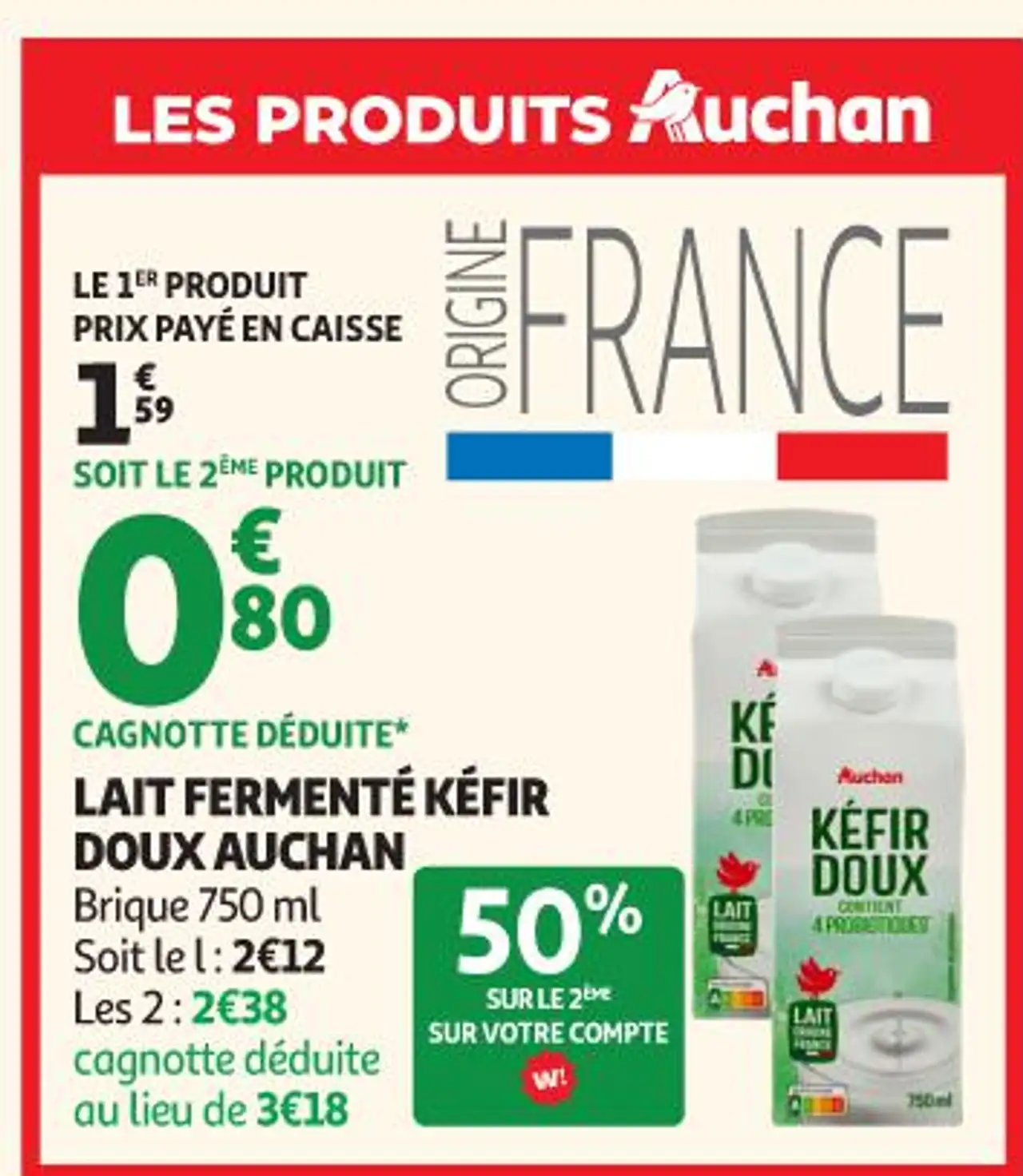 LAIT FERMENTÉ KÉFIR DOUX AUCHAN
