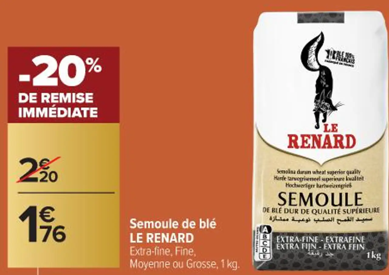 Semoule de blé LE RENARD Extra-fine, Fine, Moyenne ou Grosse, 1 kg.