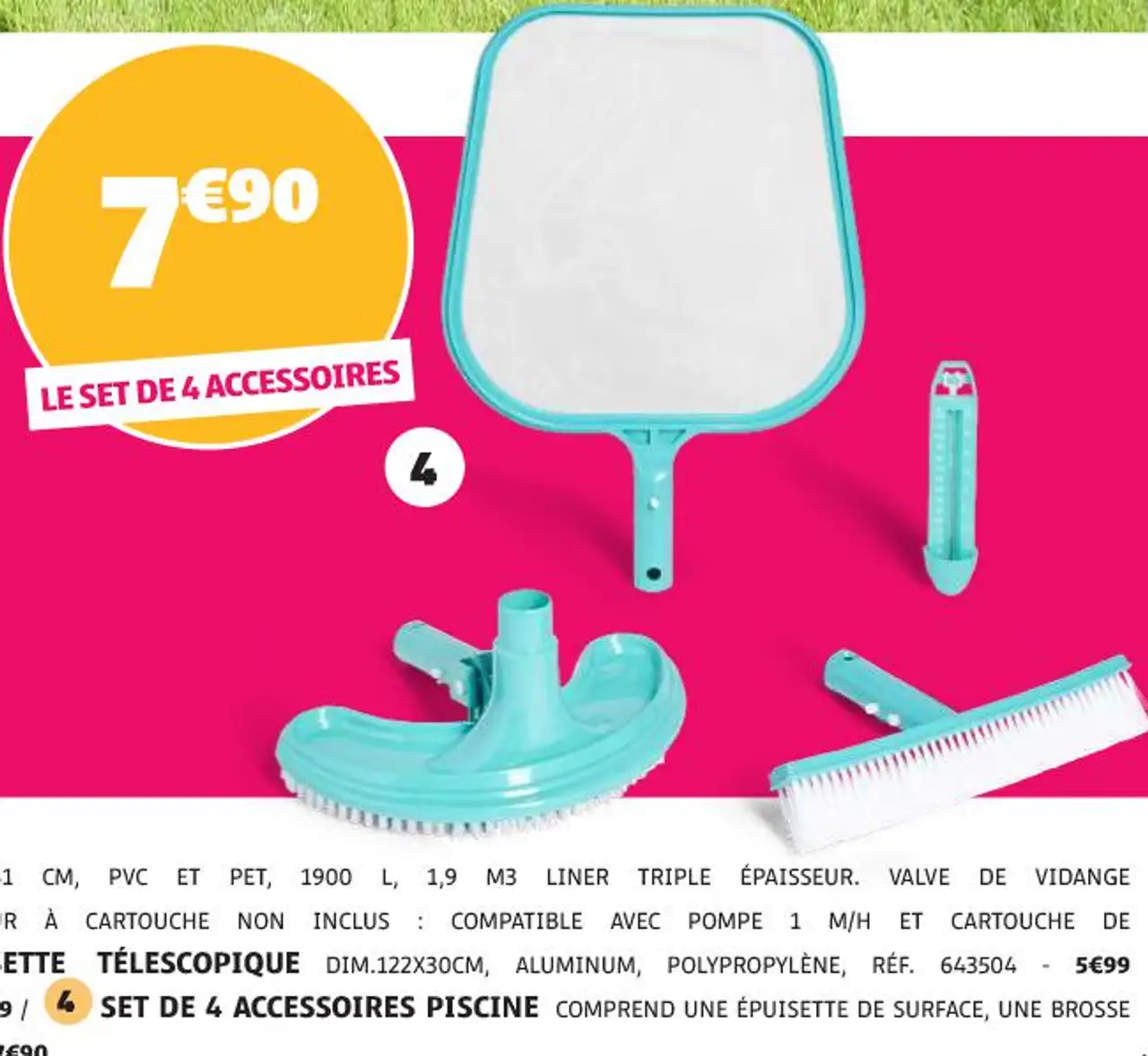 SET DE 4 ACCESSOIRES PISCINE COMPREND UNE ÉPUISETTE DE SURFACE, UNE BROSSE ASPIRATION, UNE BROSSE DE FOND ET UN THERMOMÈTRE, RÉF. 617804