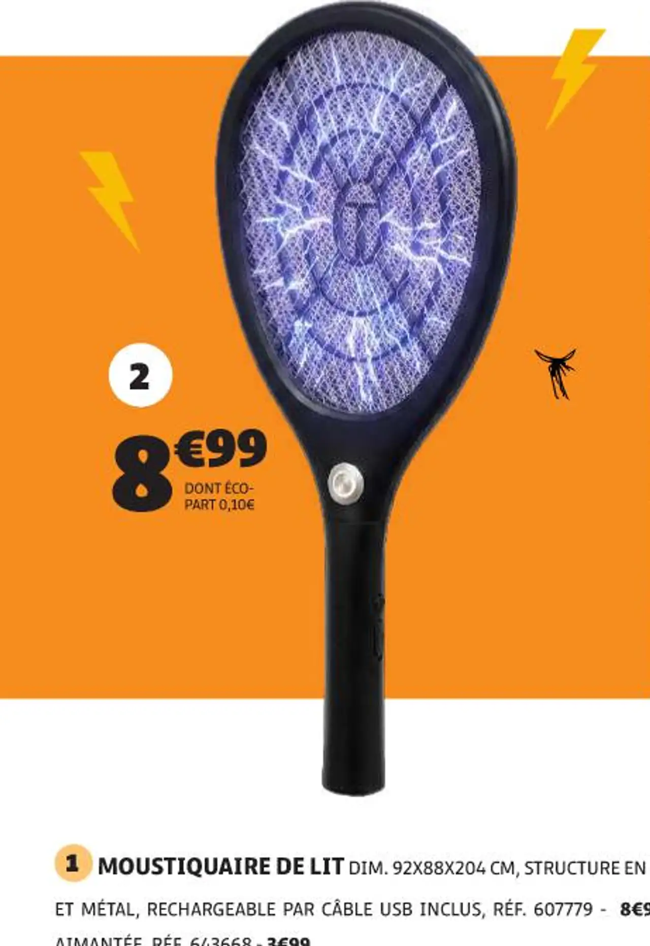RAQUETTE ANTI-MOUSTIQUE DIM. 51X22 CM, POLYPROPYLÈNE ET MÉTAL, RECHARGEABLE PAR CÂBLE USB INCLUS