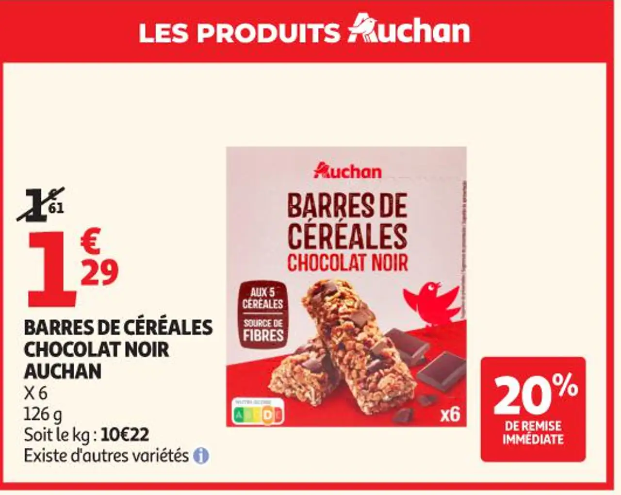 BARRES DE CÉRÉALES CHOCOLAT NOIR AUCHAN