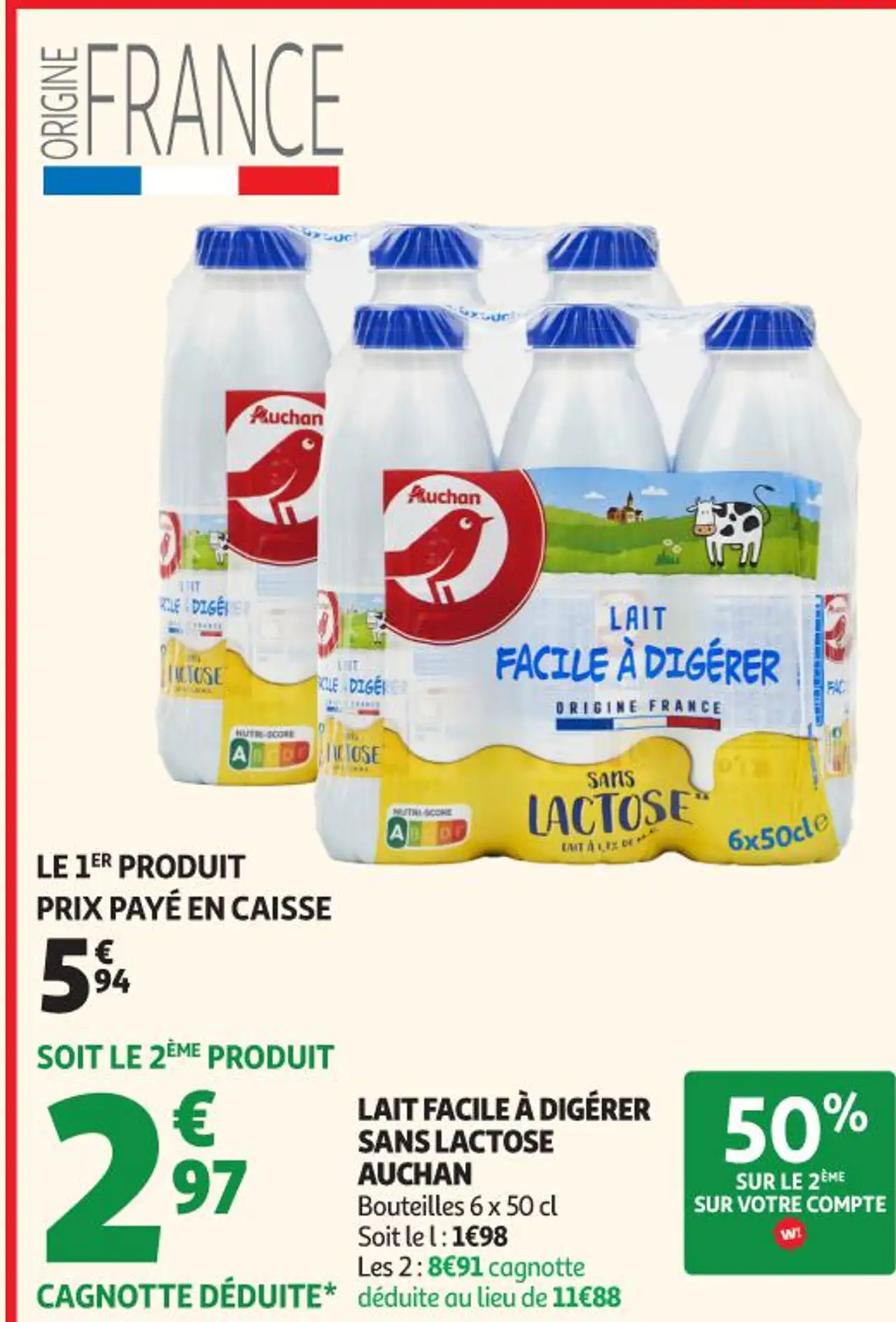 LAIT FACILE À DIGÉRER SANS LACTOSE AUCHAN