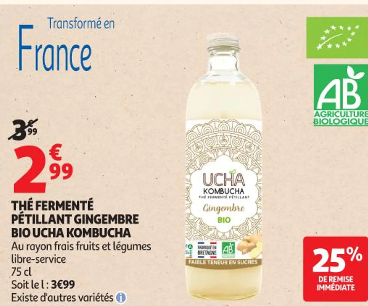 THÉ FERMENTÉ PÉTILLANT GINGEMBRE BIO UCHA KOMBUCHA