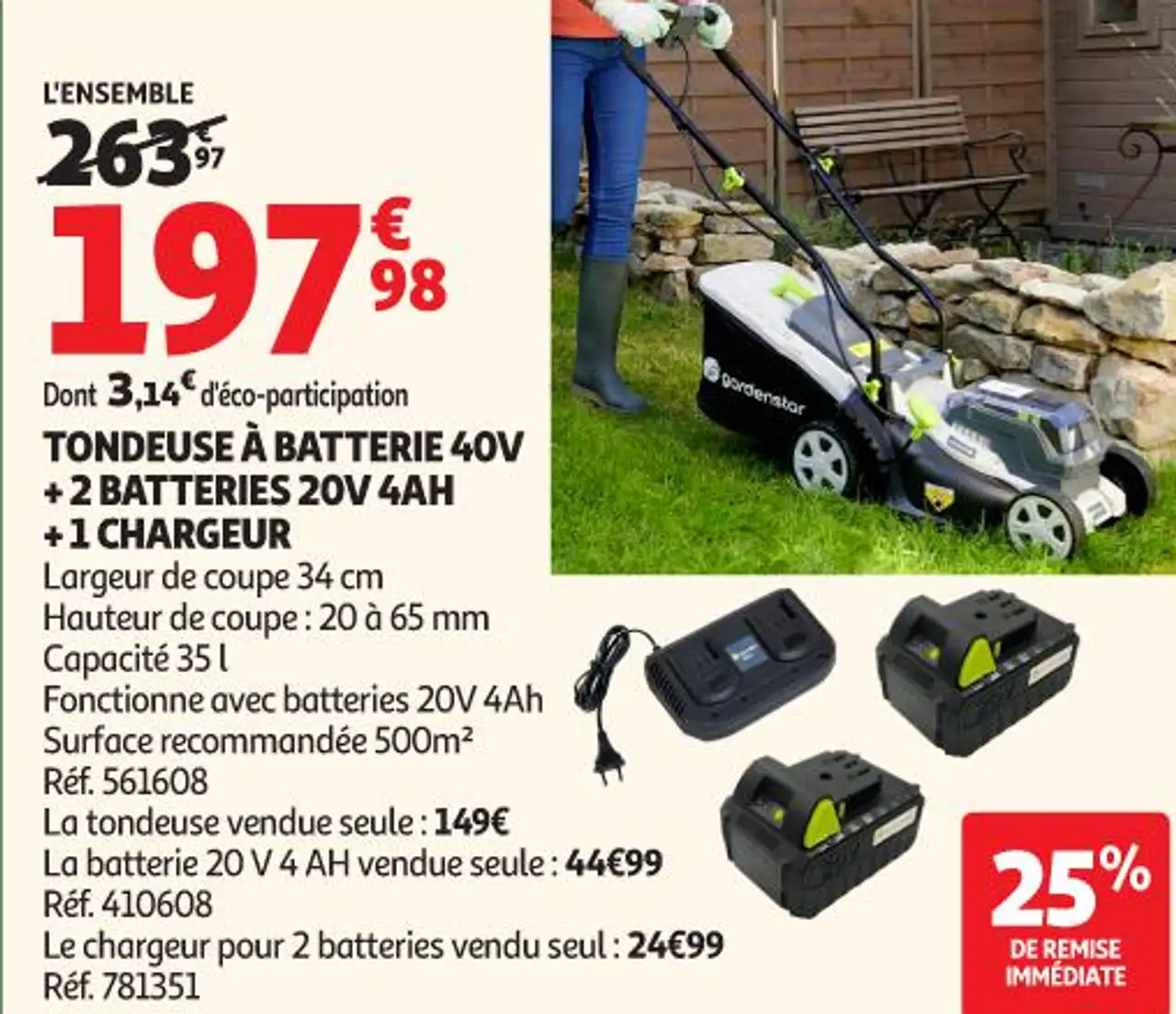 L'ENSEMBLE TONDEUSE À BATTERIE 40V + 2 BATTERIES 20V 4AH + 1 CHARGEUR