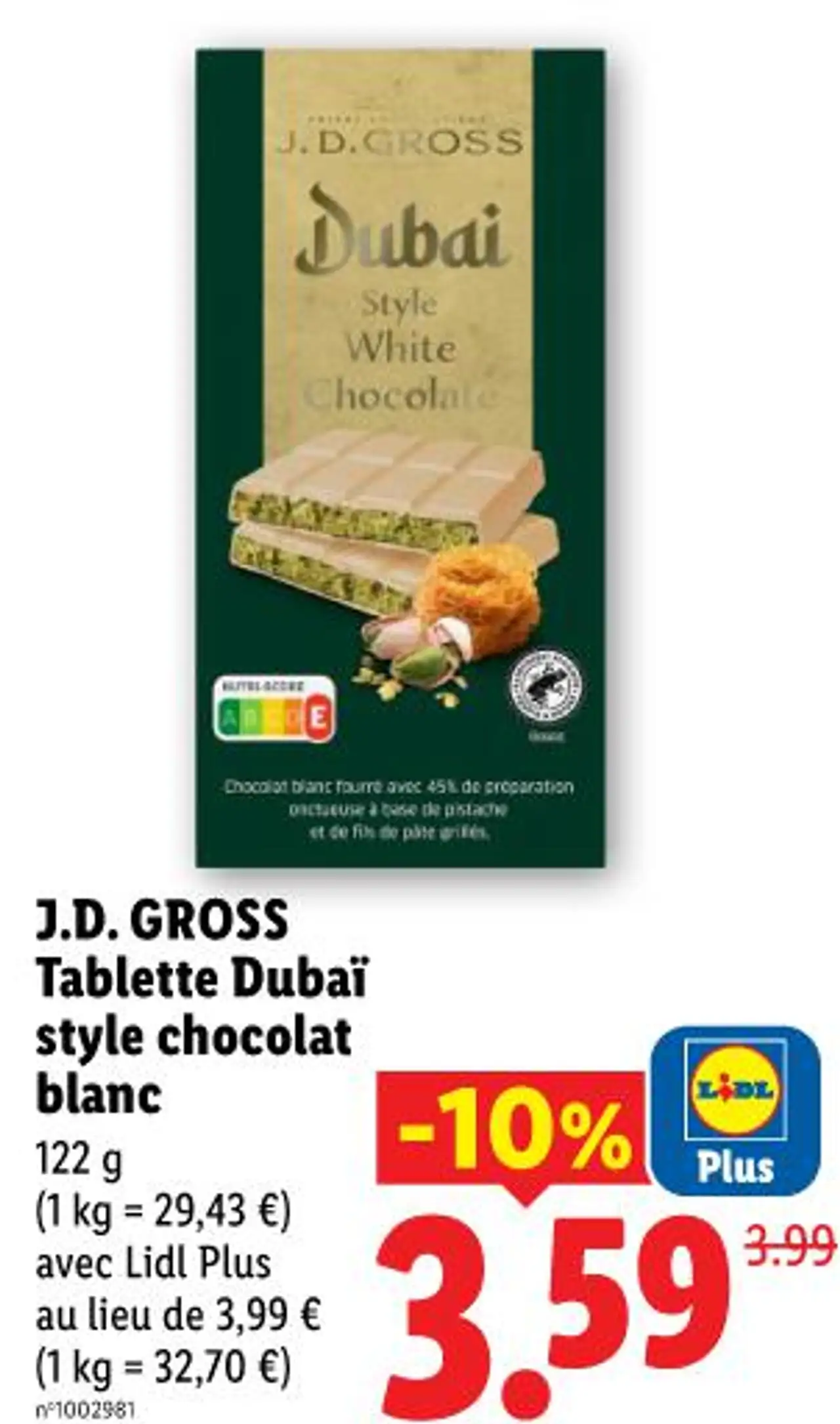 J.D. GROSS Tablette Dubaï style chocolat blanc