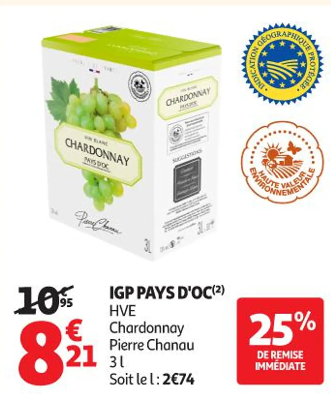 IGP PAYS D'OC(2) HVE Chardonnay Pierre Chanau 3 l