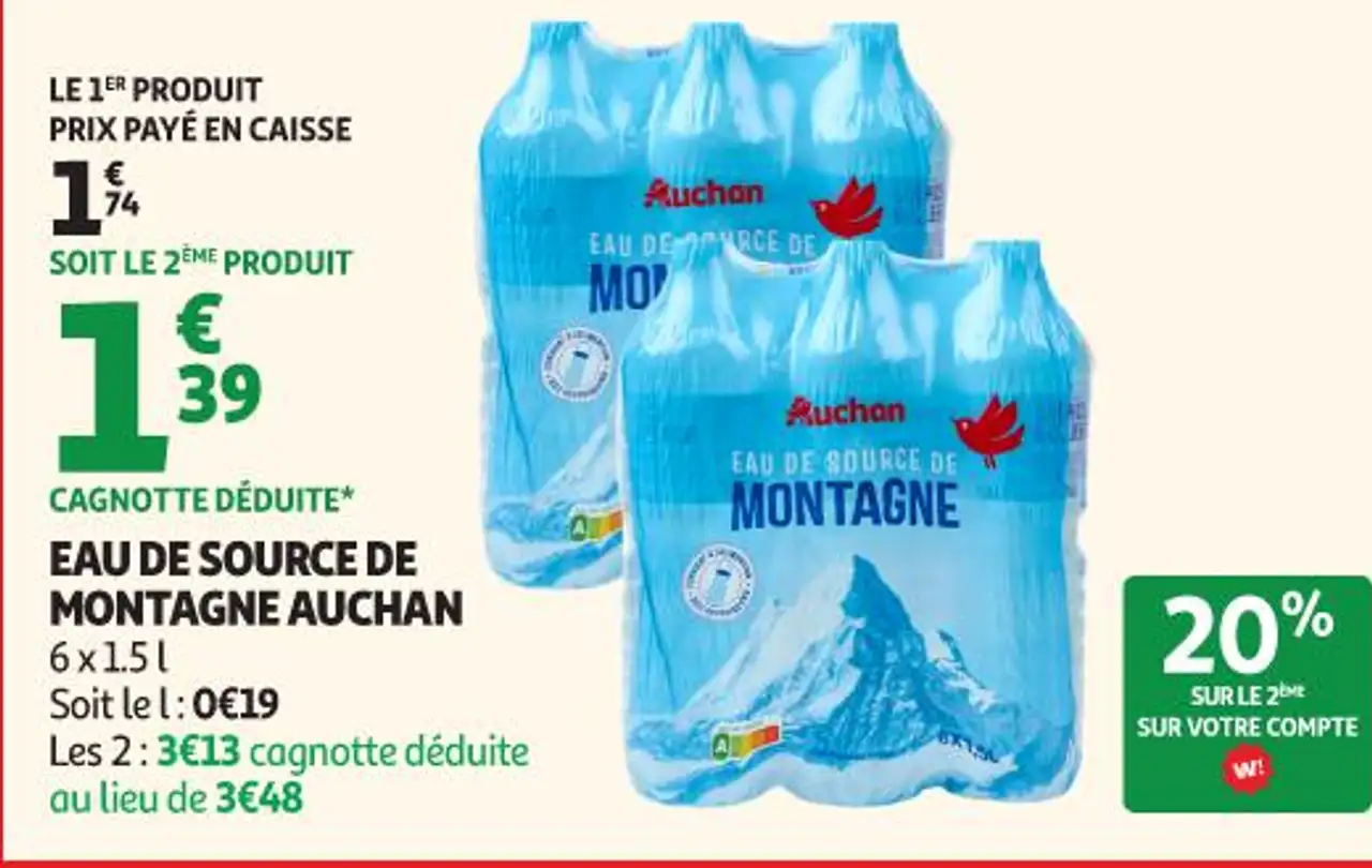 EAU DE SOURCE DE MONTAGNE AUCHAN 6 x 1.5 l