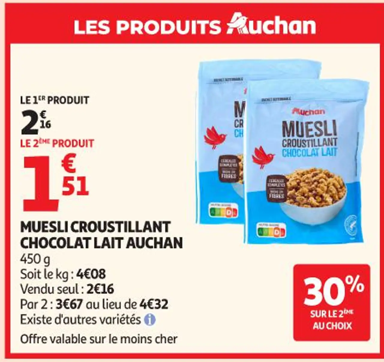 MUESLI CROUSTILLANT CHOCOLAT LAIT AUCHAN