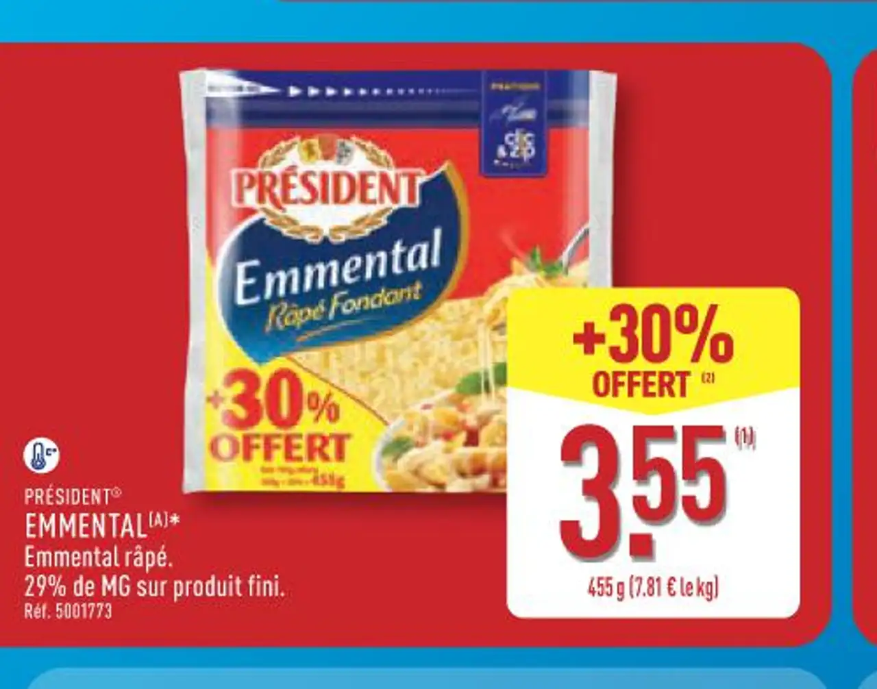 PRÉSIDENT® EMMENTAL (A)* Emmental râpé. 29% de mg sur produit fini.
