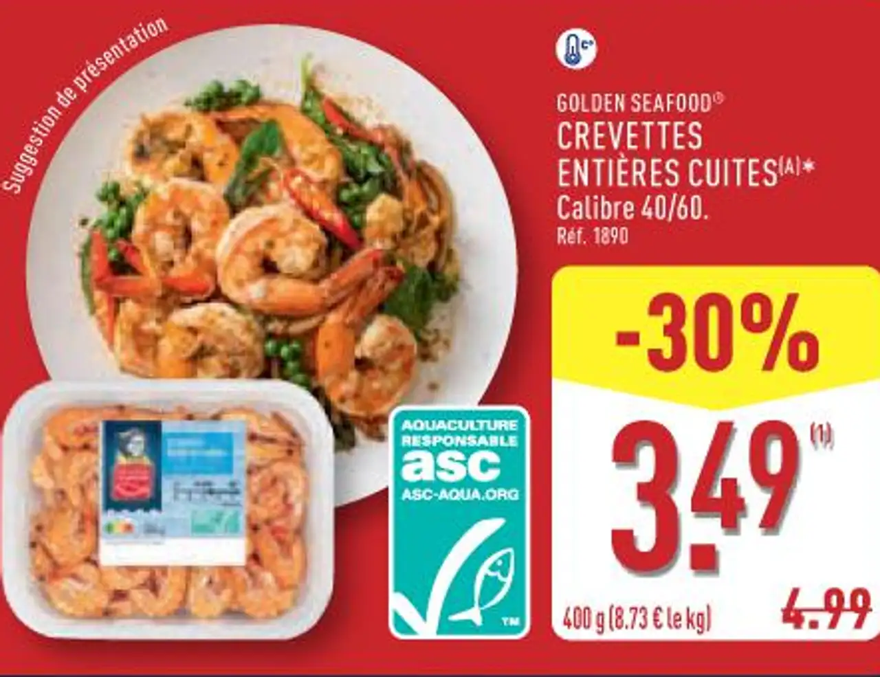 GOLDEN SEAFOOD® CREVETTES ENTIÈRES CUITES Calibre 40/60.