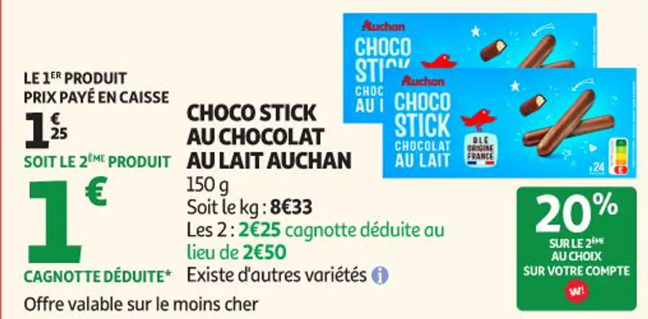 CHOCO STICK AU CHOCOLAT AU LAIT AUCHAN