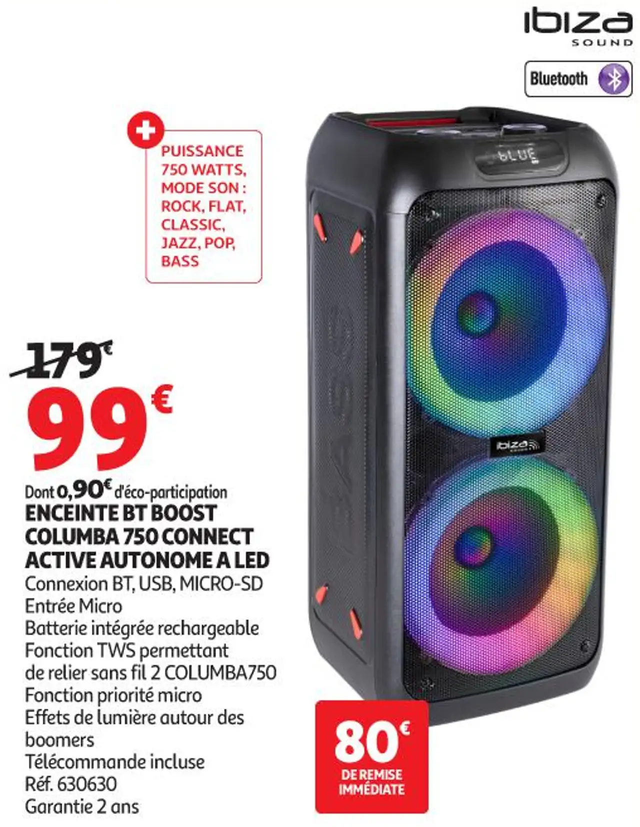 ENCEINTE BT BOOST COLUMBA 750 CONNECT ACTIVE AUTONOME A LED