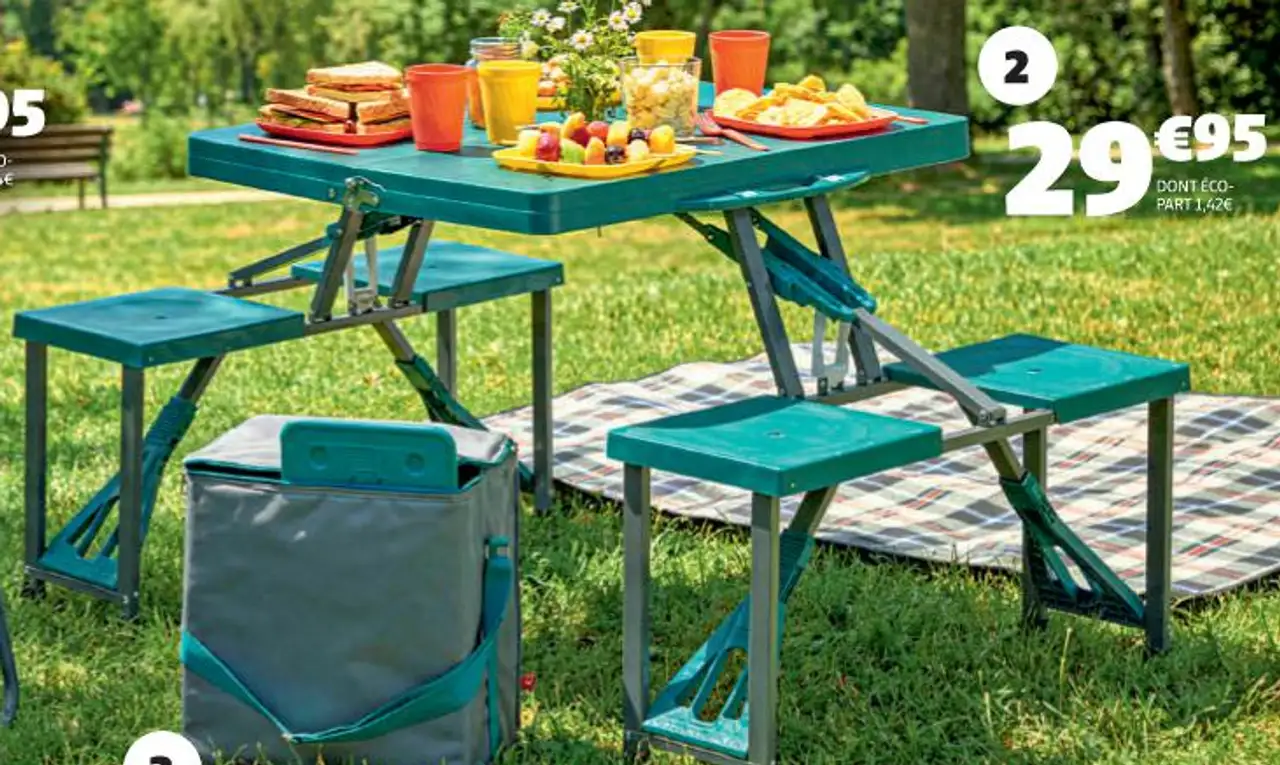 TABLE VALISE 4 PERSONNES DIM. PLIÉE 84,5X39X9,8 CM, DIM. DÉPLIÉE 134X66X84,5 CM, STRUCTURE ALUMINIUM, ASSISE POLYPROPYLÈNE, POUR 4 PERSONNES