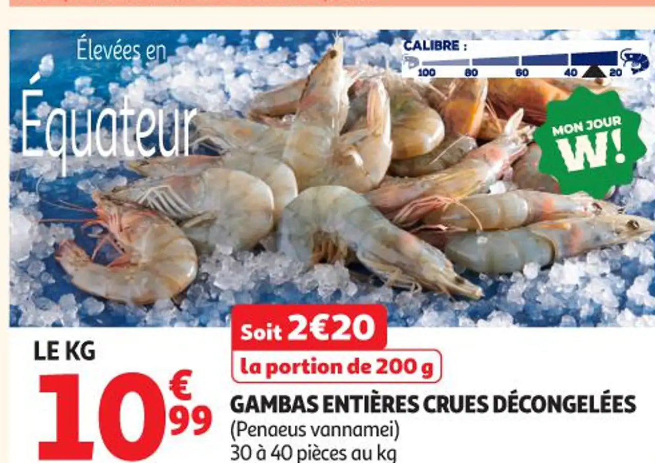 Gambas entières crues décongelées