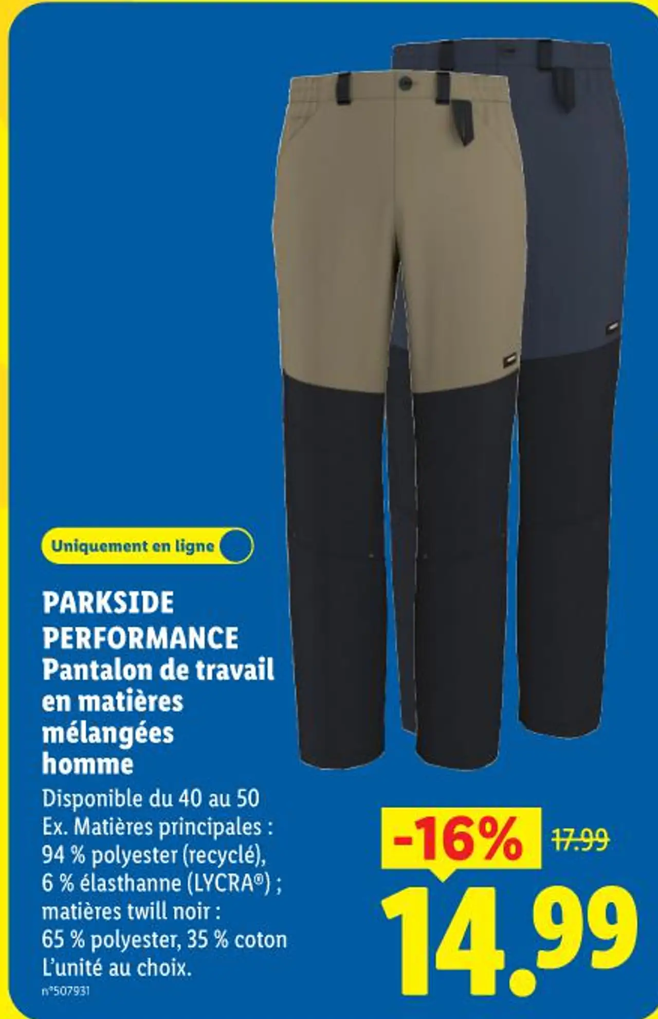 PARKSIDE PERFORMANCE Pantalon de travail en matières mélangées homme