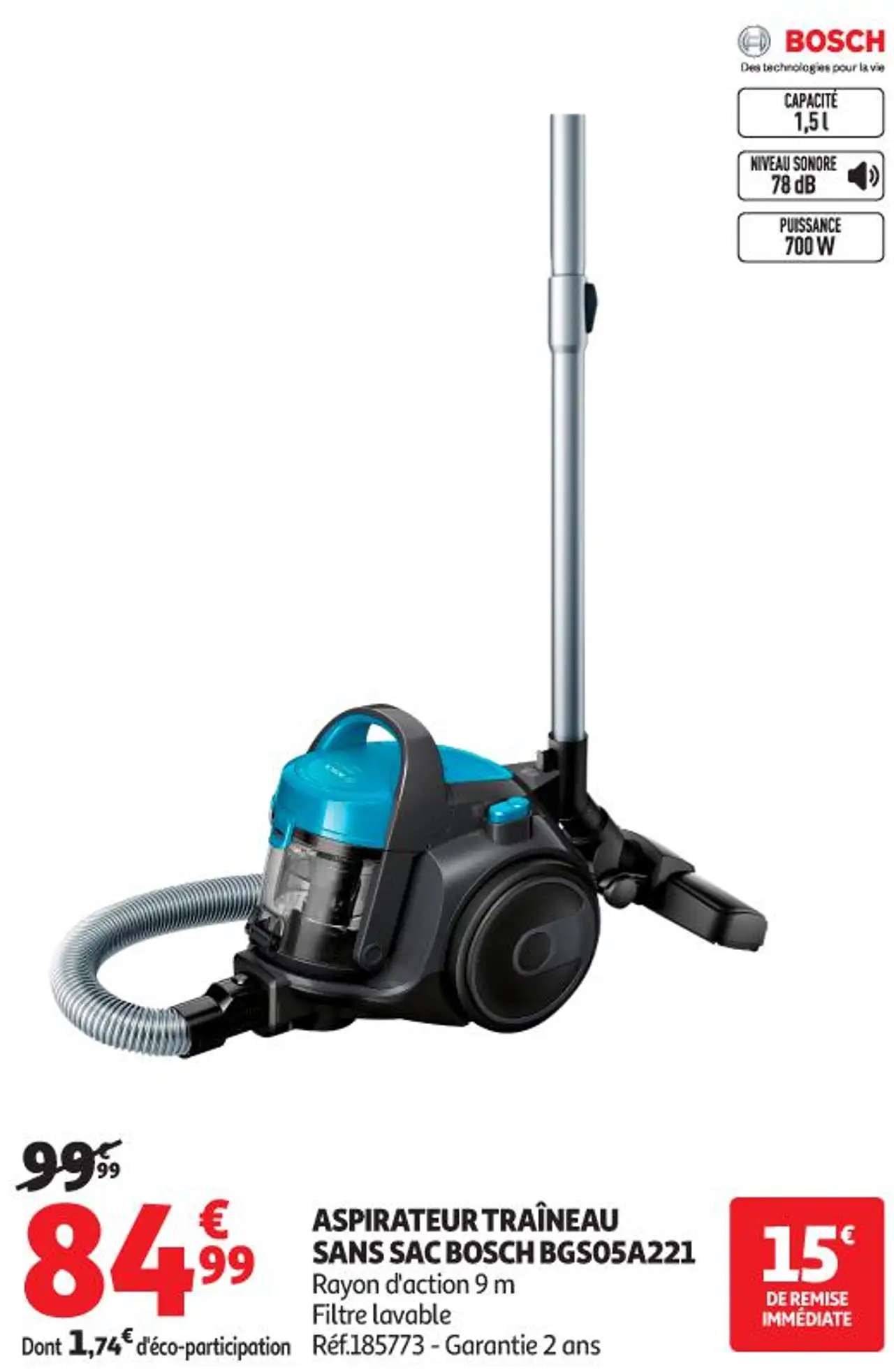 ASPIRATEUR TRAÎNEAU SANS SAC BOSCH BGS05A221