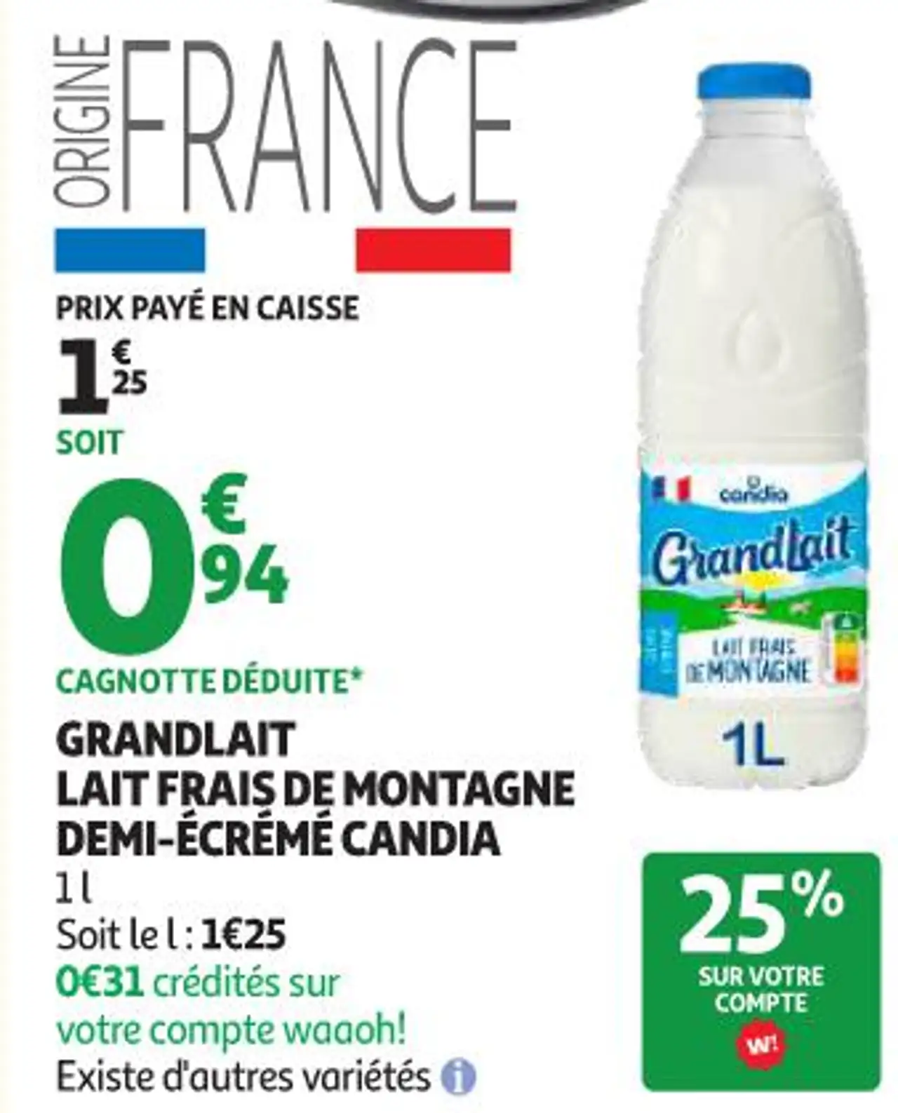 GRANDLAIT LAIT FRAIS DE MONTAGNE DEMI-ÉCRÉMÉ CANDIA