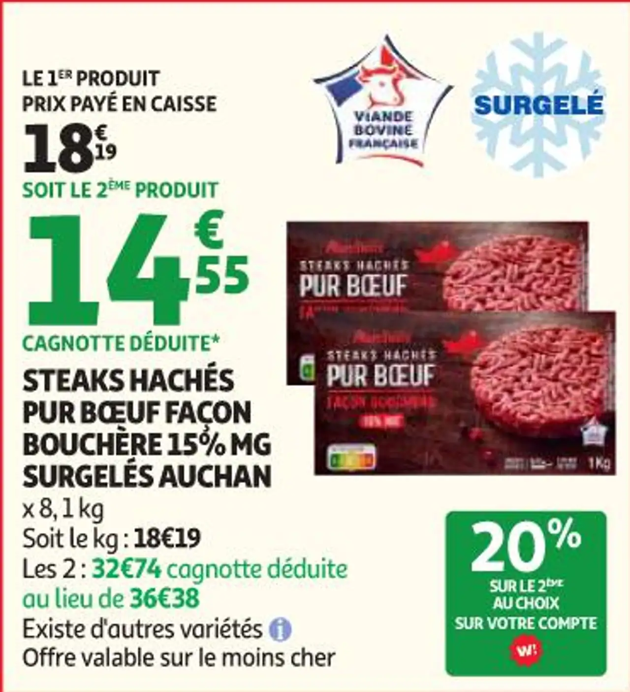 Steaks Hachés Pur Bœuf Façon Bouchère 15% MG Surgelés Auchan