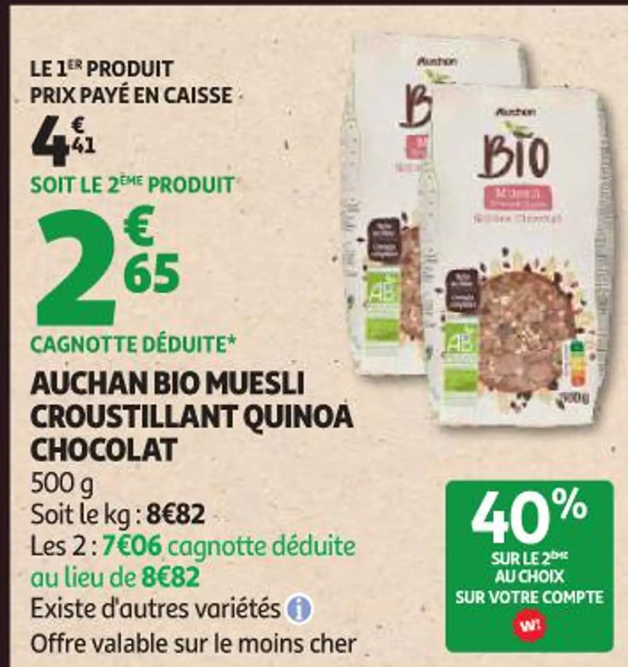 Auchan Bio Muesli Croustillant Quinoa Chocolat