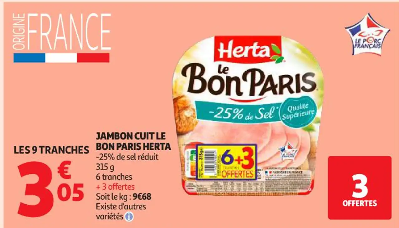 JAMBON CUIT LE BON PARIS HERTA -25% de sel réduit