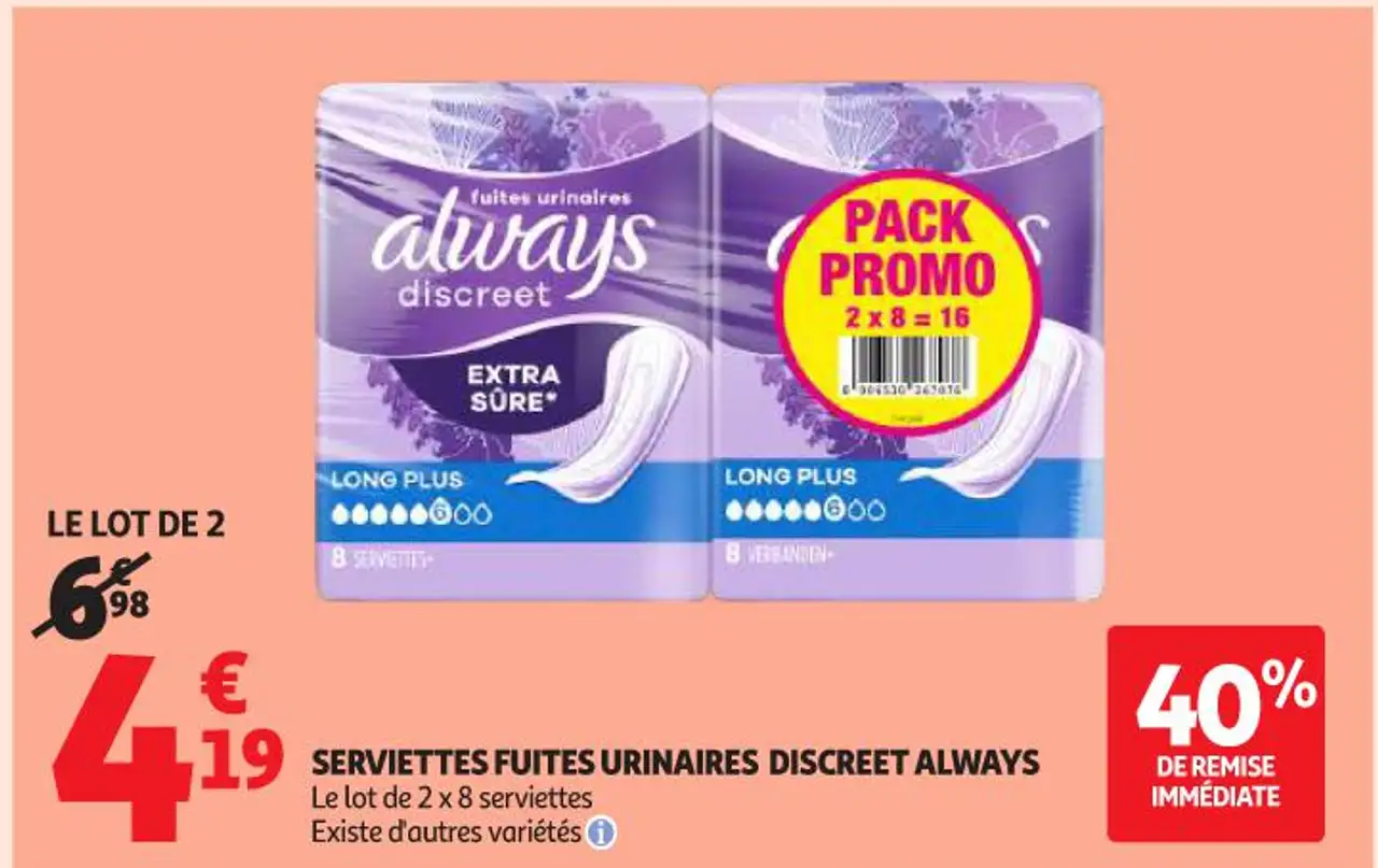 SERVIETTES FUITES URINAIRES DISCREET ALWAYS