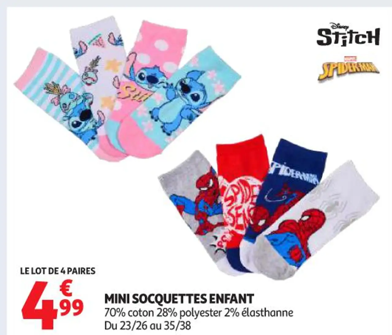 Disney Stitch / Marvel Spiderman Mini socquettes enfant