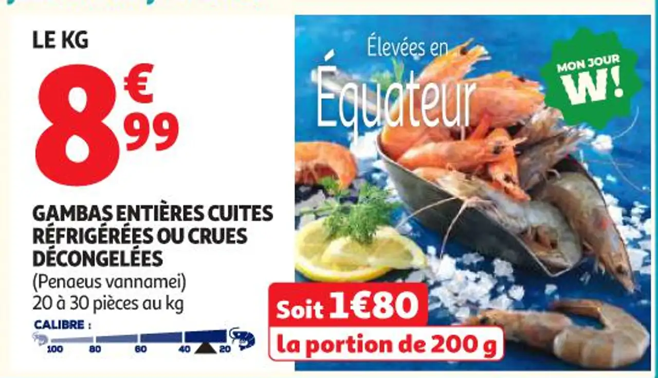 Gambas entières cuites réfrigérées ou crues décongelées