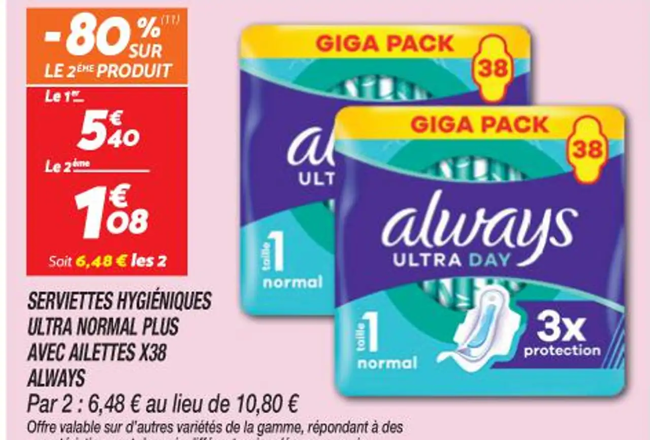 Serviettes Hygiéniques Ultra Normal Plus avec Ailettes x38 Always