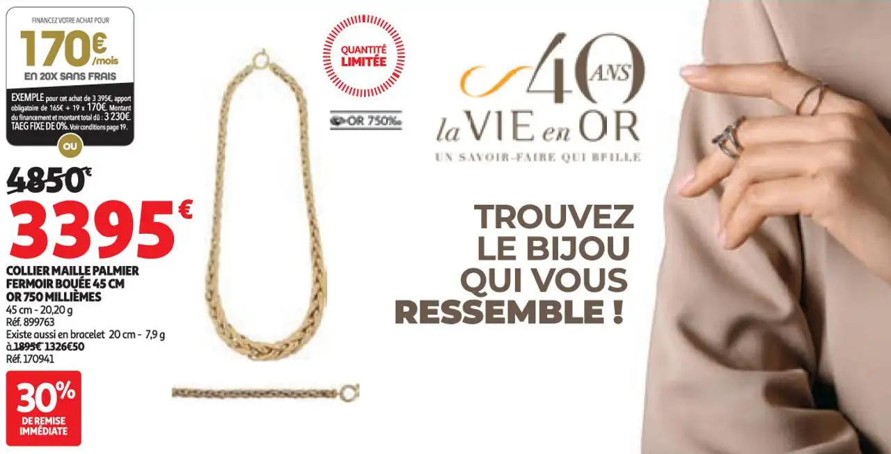 Collier maille palmier fermoir bouée 45 cm or 750 millièmes la VIE en OR