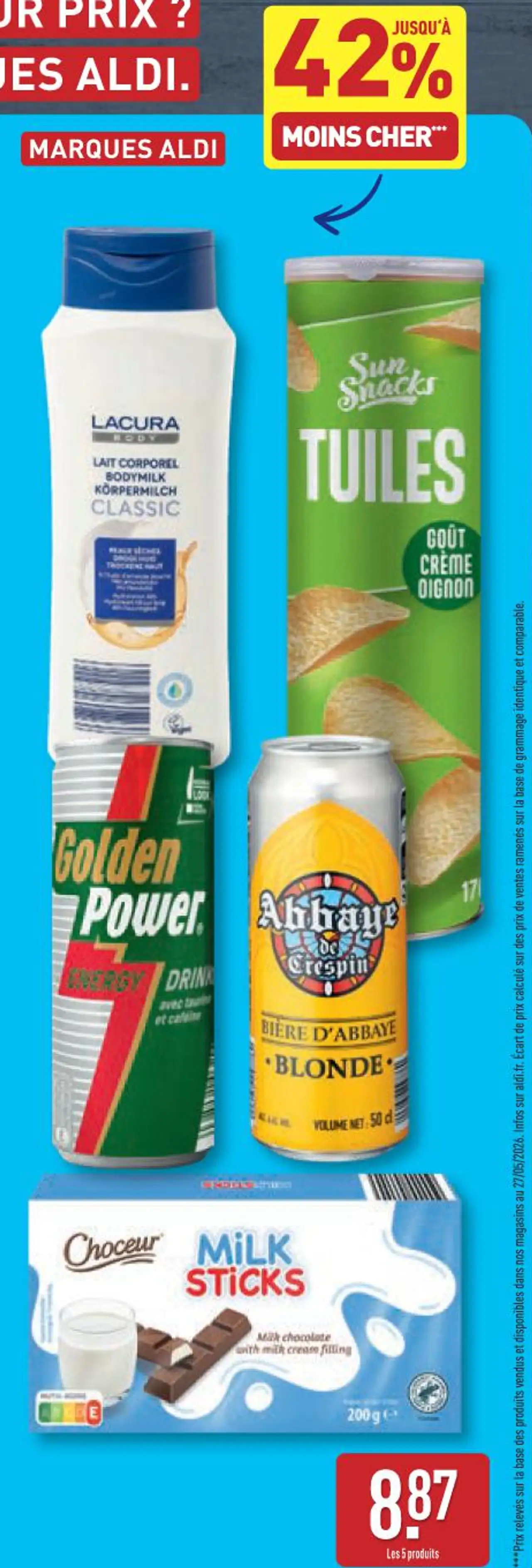 Marques ALDI (Lacura, Sun Snacks, Golden Power, Abbaye de Crespin, Choceur)